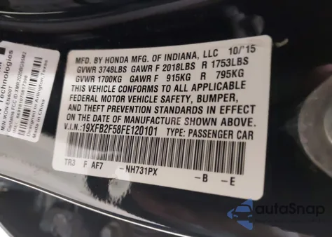 2015 Honda Civic Lx из США, поврежденный, VIN 19XFB2F58FE120101